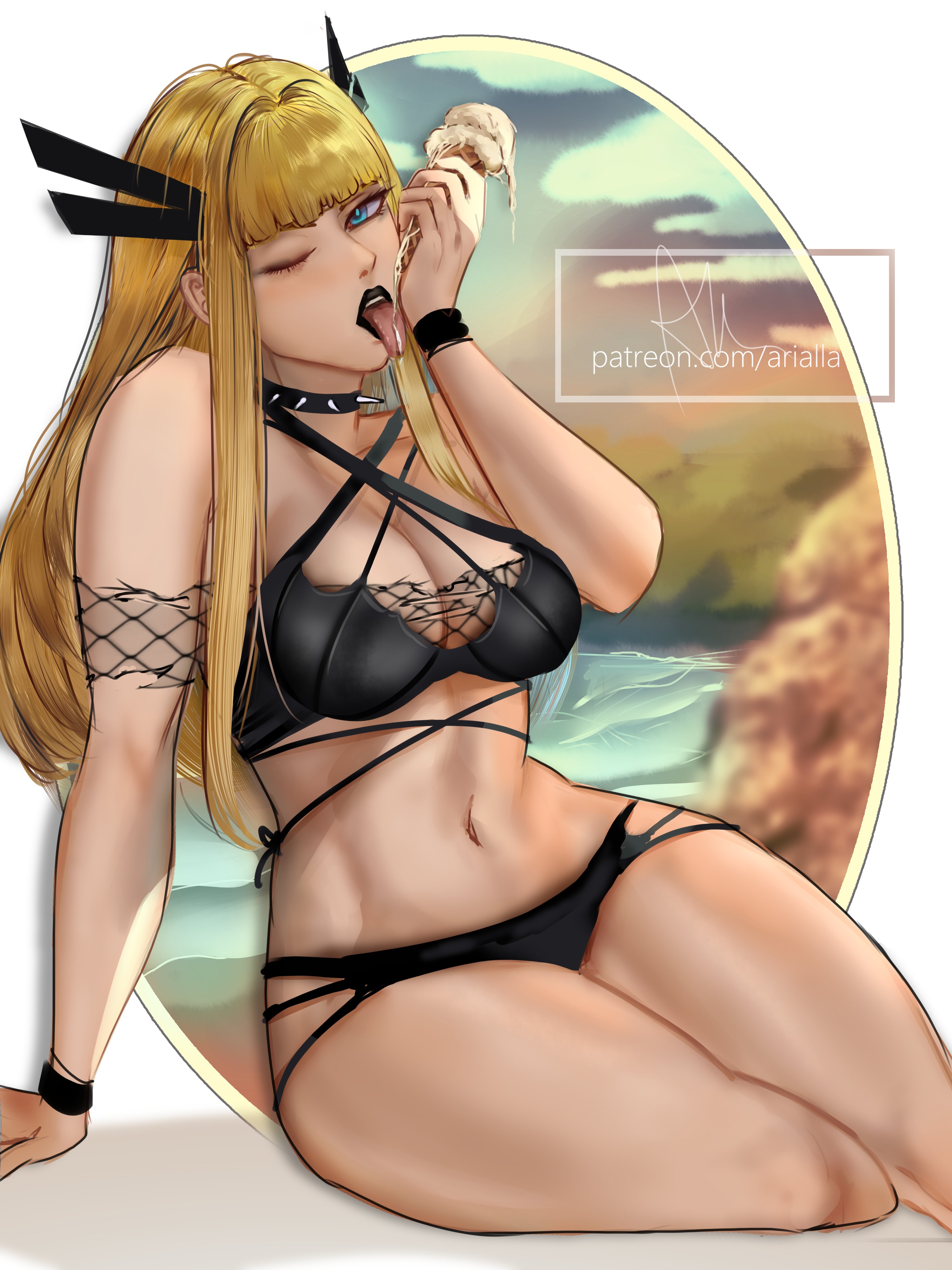 1girls, arialla draws, artist name, beach, bikini, black bikini, blonde hair, blue eyes, choker, cleavage, curvy, female, ice cream, licking, light skin, light-skinned female, magik (illyana rasputin), marvel, marvel comics, spiked collar, swimsuit, x-men