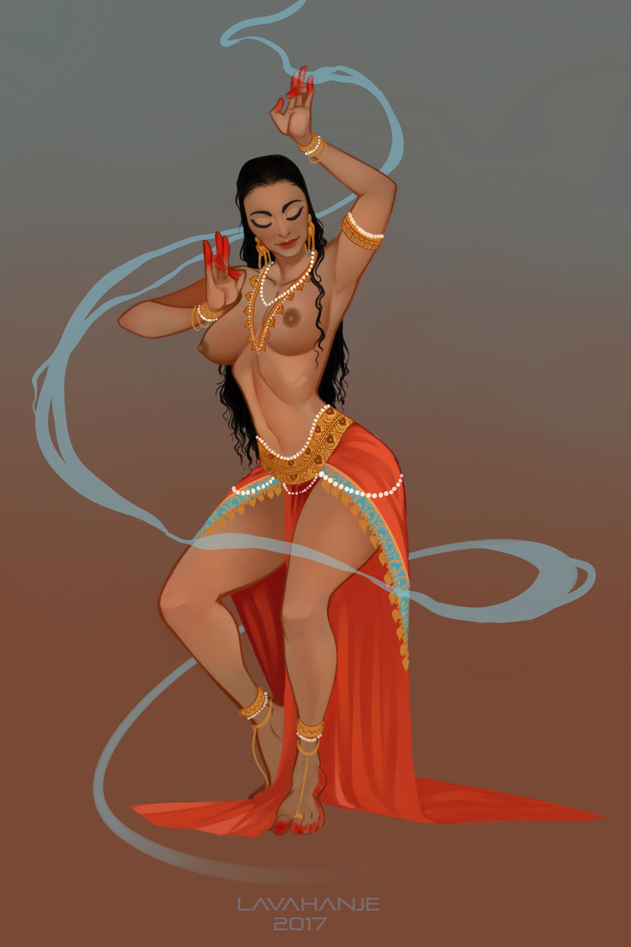 armlet belly_dancer belly_dancer_outfit black_hair bracelet dancer dancer_outfit dancing dark-skinned_female harem_girl harem_outfit indian indian_female jewelry large_breasts lavahanje loincloth long_hair necklace original original_character sarong topless