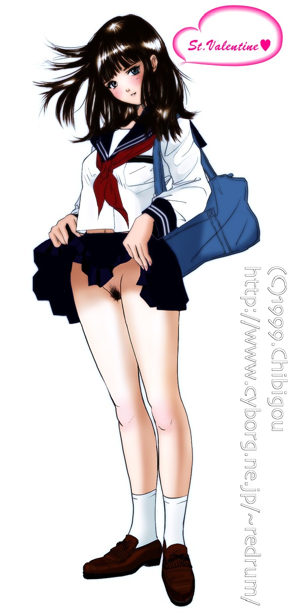 1990s 1999 1girls 20th_century bag black_hair chibigou copyright_request female highres no_panties pleated_skirt pubic_hair school_uniform shoulder_bag simple_background skirt skirt_lift speech_bubble valentine's_day watermark web_address white_background white_legwear