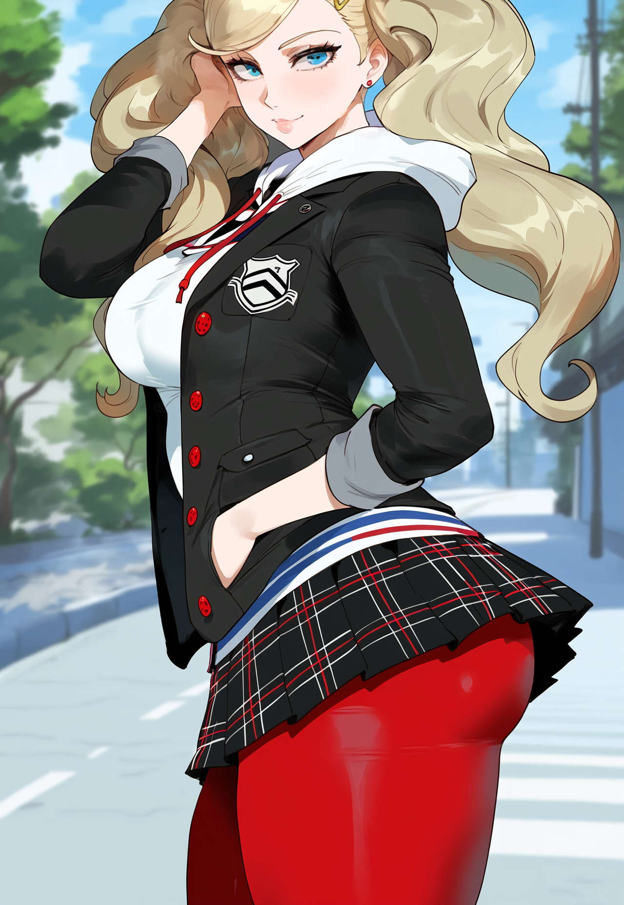 1girls, ai generated, ann takamaki, blonde hair, creamy ai, curvy, female, fully clothed, persona, persona 5, solo, tagme, teenager, twintails