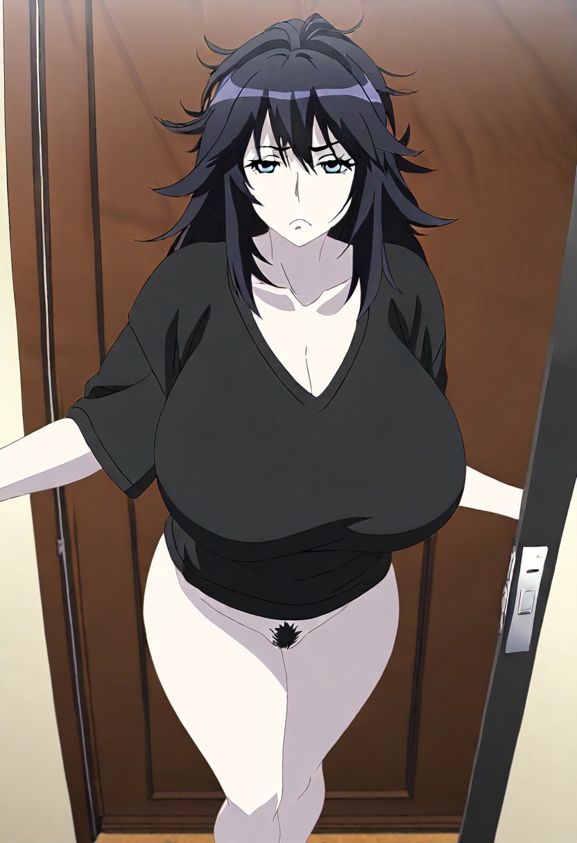 ai_generated black_hair blue_eyes bottomless bottomless_female civitai cleavage cowboy_shot doorway frown huge_breasts jyubei_(style) long_hair looking_at_viewer messy_hair natalie_(crizzyeyes) open_mouth original_character pale-skinned_female pale_skin pubic_hair pussy resting_bitch_face sleepy standing t-shirt t-shirt_only thick_thighs wide_hips