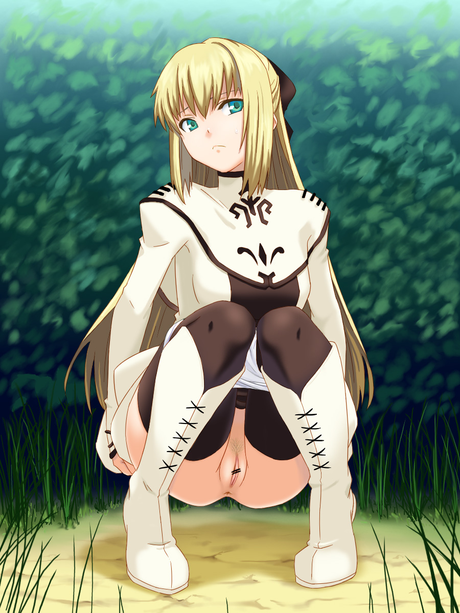 anus aqua_eyes blonde_hair boots bow censored clothing cyril grass hairbow high_resolution hou_(hachiyou) long_hair panties panty_pull pubic_hair pussy shining_(series) shining_force_exa squatting sweatdrop underwear