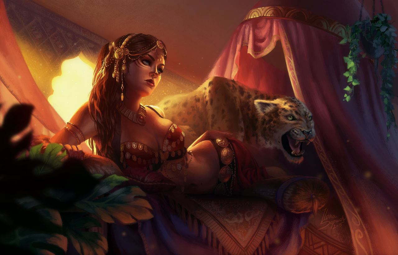 1girls arabian arabian_clothes bedroom belly_dancer belly_dancer_outfit brown_hair cleavage green_eyes hair_accessory harem_girl harem_outfit jewelry large_breasts leopard long_hair lounging original original_character pet riikozor royalty