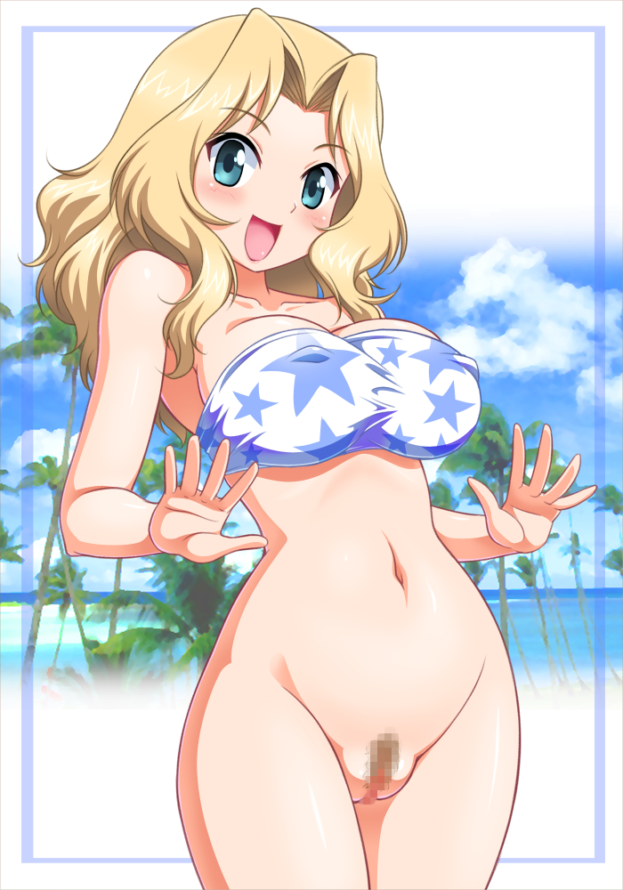 bandeau beach blonde_hair blue_eyes blush border bottomless breasts censored collarbone commentary_request covered_nipples cowboy_shot female girls_und_panzer happy kay_(girls_und_panzer) large_breasts long_hair looking_at_viewer mosaic_censoring navel ocean open_mouth outdoors palm_tree palms pussy shiny_skin smile solo star_(symbol) star_print stomach tanuki_yousuke thighs tree variant_set