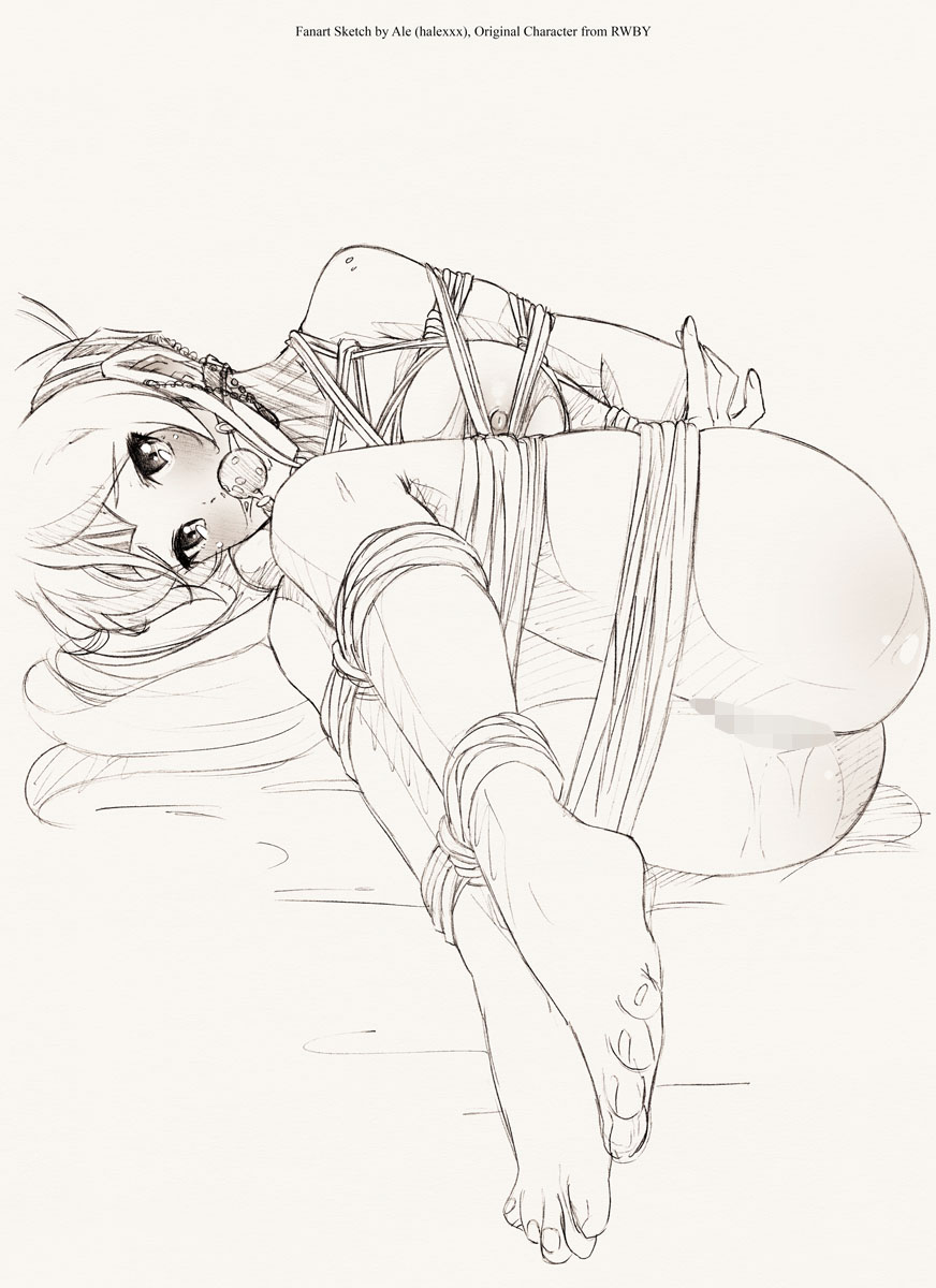 ale (ale halexxx), arms behind back, ass, ball gag, bed, black and white, bondage, bound, bound ankles, bound arms, bound legs, breasts, feet, female, gag, gagged, laying on side, long hair, nipples, nude, pussy, pyrrha nikos, rope, rwby, solo, tied up, toes
