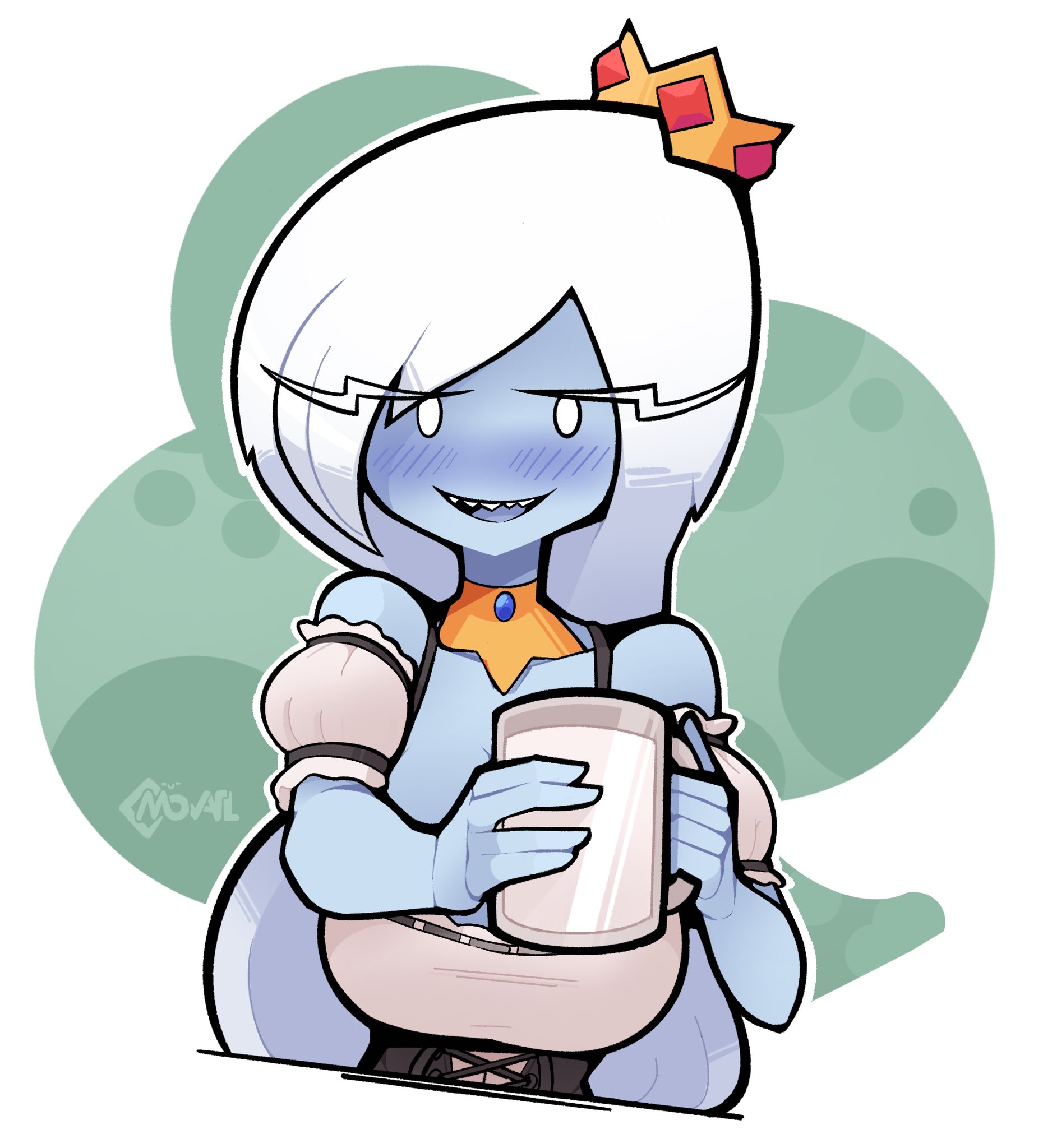 1girls, 2021, adventure time, big breasts, blue skin, blush, breasts, cartoon network, clothed, clothing, crown, female, huge breasts, ice queen (adventure time), long hair, looking at viewer, mob face, movailarts, solo, solo female, white hair