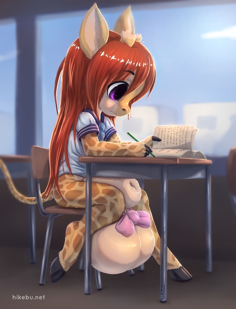 anthro casual casual_exposure casual_nudity classroom cub femboy femboy_only giraffe hikebu hyper hyper_balls hyper_penis school_uniform sheath solo solo_anthro solo_focus solo_male uniform