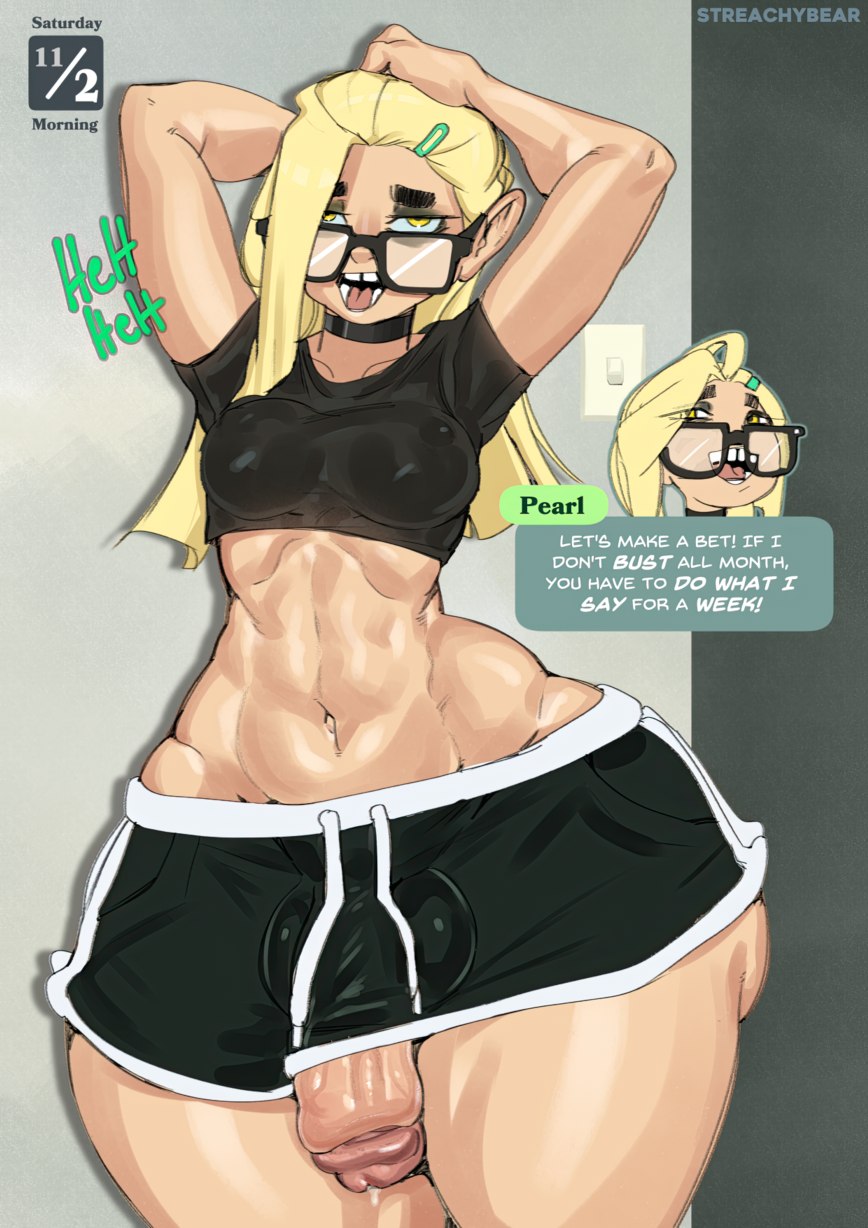 1futa 2024 2d arms_up ass balls big_ass blonde_hair breasts choker color dialogue english_text eyewear glasses large_ass light-skinned_futanari light_skin long_hair looking_at_viewer navel nipple_bulge nipples_visible_through_clothing no_nut_november original pearl_(streachybear) penis penis_out precum precum_drip see-through_clothing shorts solo solo_futa standing streachybear text text_box thick_thighs thighs tight_clothing tongue tongue_out wide_hips yellow_eyes