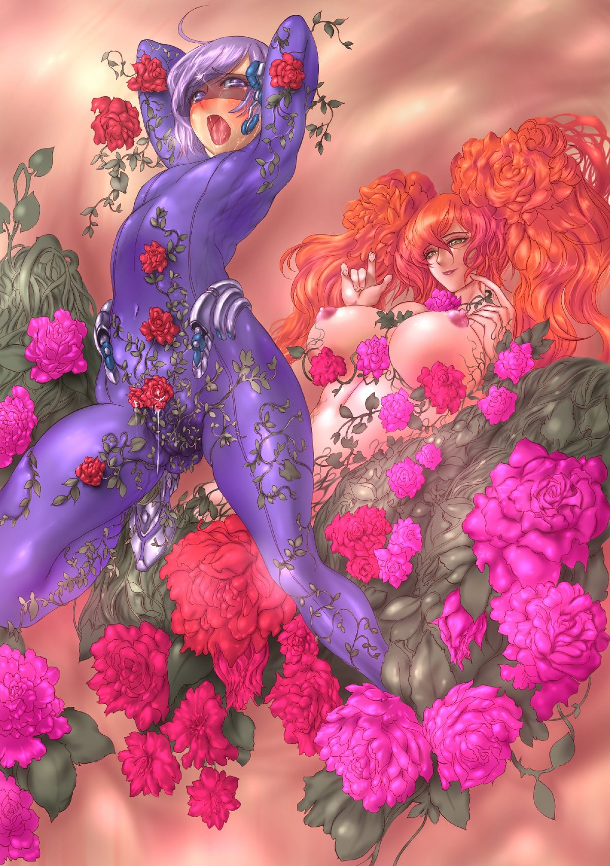 artist_request bodysuit breasts female flower highres large_breasts monster_girl naglfar_sakura plant_girl purple_bodysuit red_hair vines