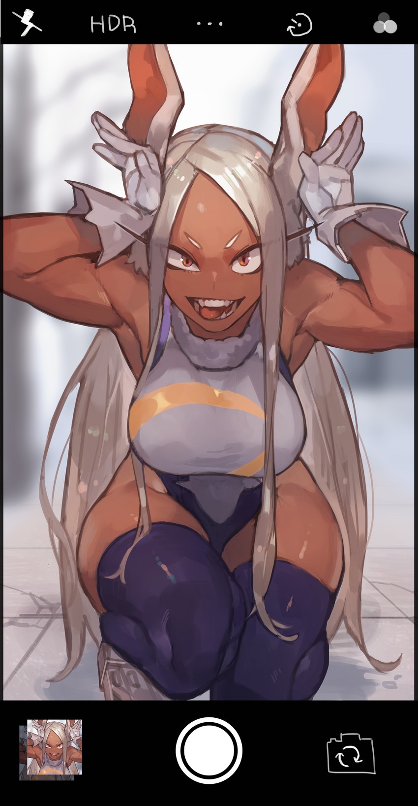 big breasts, breasts, breasts bigger than head, bunny ears, bunny girl, bunnysuit, female, leotard, looking at viewer, miruko, my hero academia, pink eyes, rumi usagiyama, skintight, thighhighs, tongue, tongue out, uedrk yamato (artist), white hair
