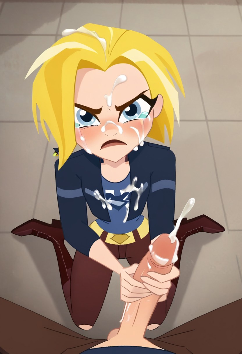 accurate_art_style ai_generated angry blonde_hair blue_eyes blush cartoon_network closed_mouth clothing crying cum cum_on_breasts cum_on_face dc dc_comics dc_super_hero_girls embarrassed female female_focus forced handjob jacket kara_danvers kneeling looking_at_viewer male nw_th offscreen_character partial_male pov sex supergirl