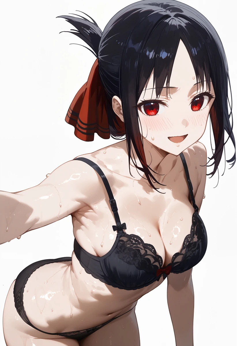 ai_generated asian asian_female bare_legs black_hair bra curvaceous curvy_female hair_bun kaguya-sama_wa_kokurasetai_~tensai-tachi_no_renai_zunousen~ large_breasts light-skinned_female light_skin looking_at_viewer mako_(artist) oiled_body oiled_skin panties pov_hands red_eyes shinomiya_kaguya smiling solo_female squatting sweat sweatdrop thick_thighs thighs