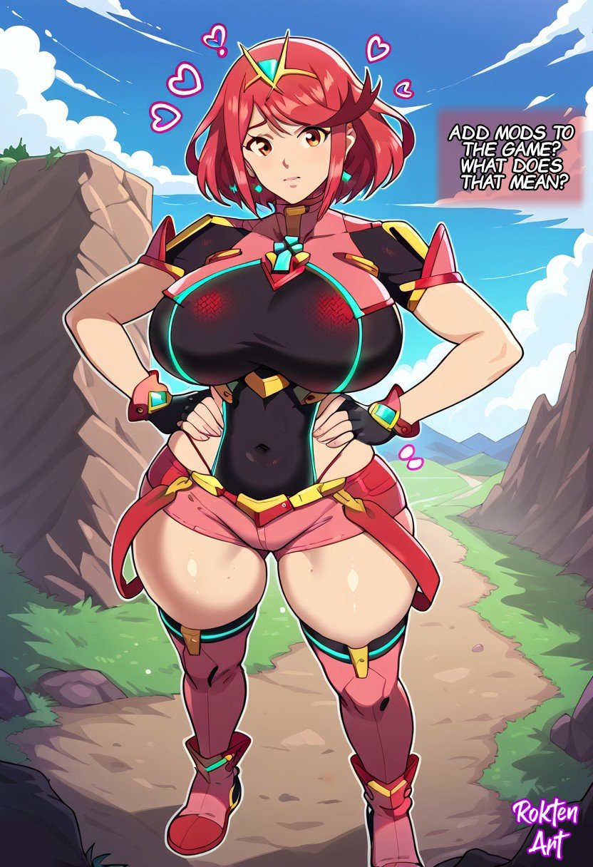 bangs belly belly_button big_breasts breasts clothed clothed_female dialogue english english_dialogue english_text large_breasts navel nervous outdoors plump plump_breasts pyra red_hair rokten_art short_hair short_shorts text text_box thick_thighs thighs thong thong_straps voluptuous voluptuous_female wide_hips worried worried_expression worried_look