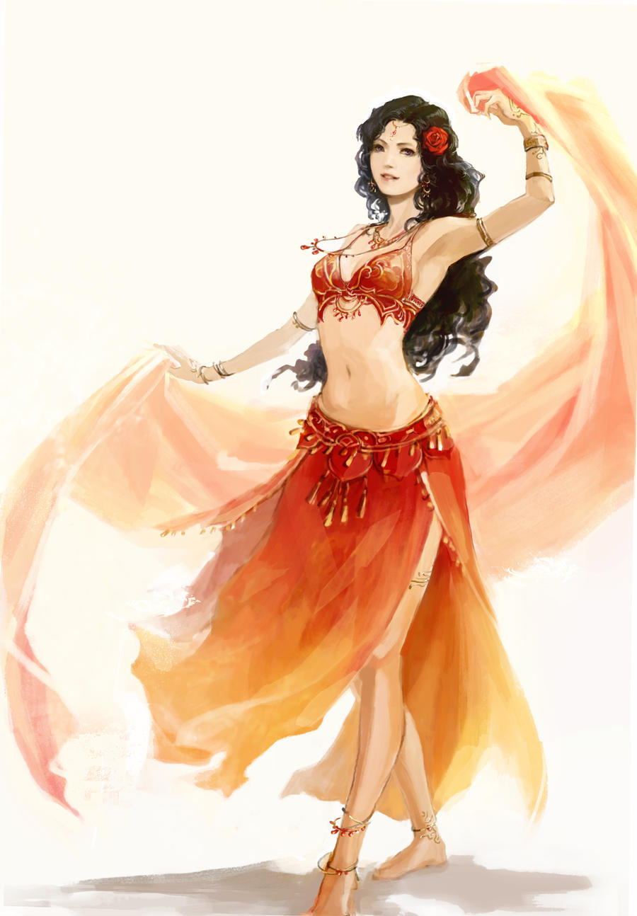 armpits belly_dancer belly_dancer_outfit black_hair chibi-oneechan dancer dancer_outfit dancing flower_in_hair harem_girl harem_outfit long_hair original original_character