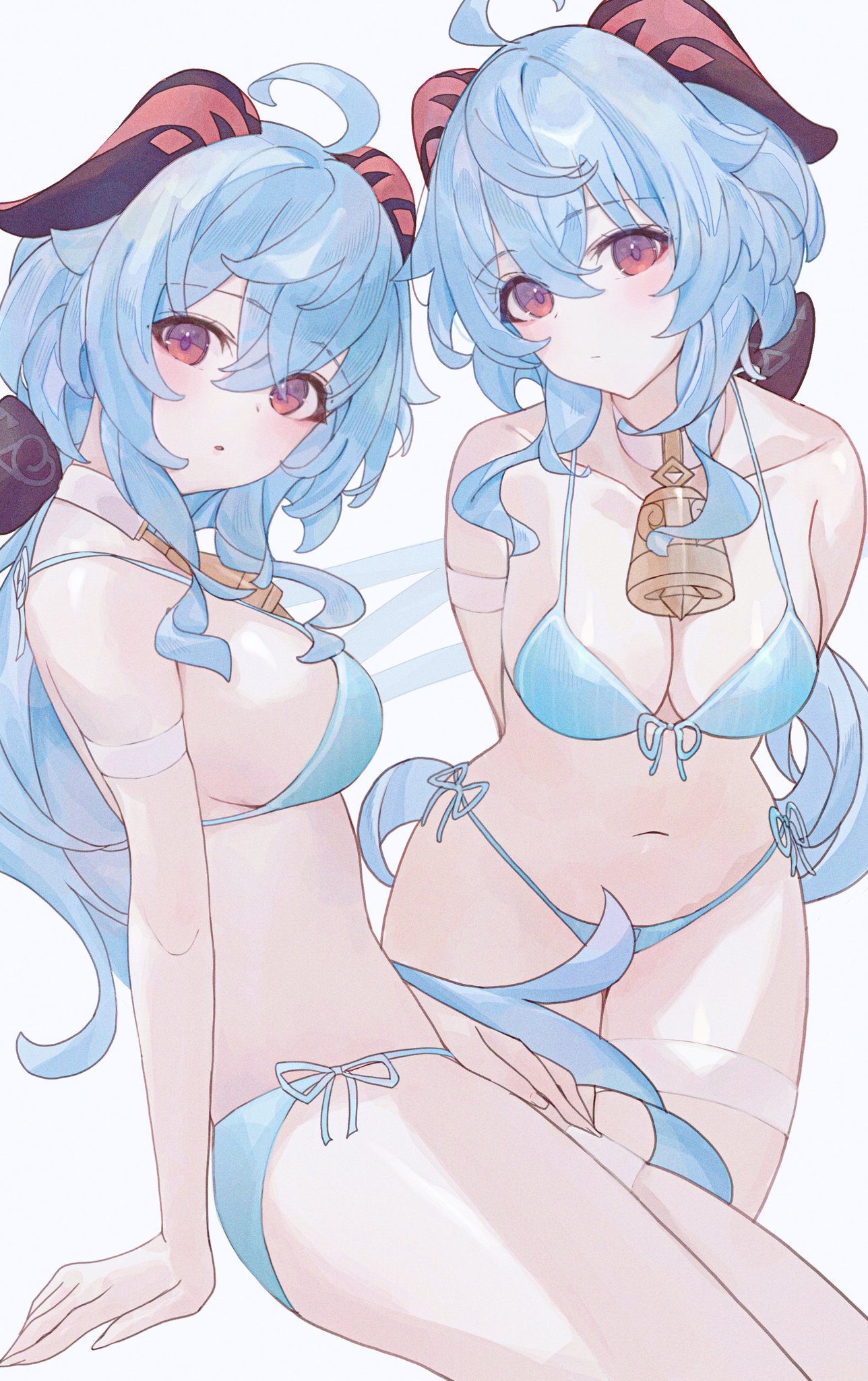 big breasts, blue hair, breasts, female, female only, ganyu (genshin impact), genshin impact, huge breasts, huge thighs, long hair, purple hair, red eyes, swimsuit, thighs