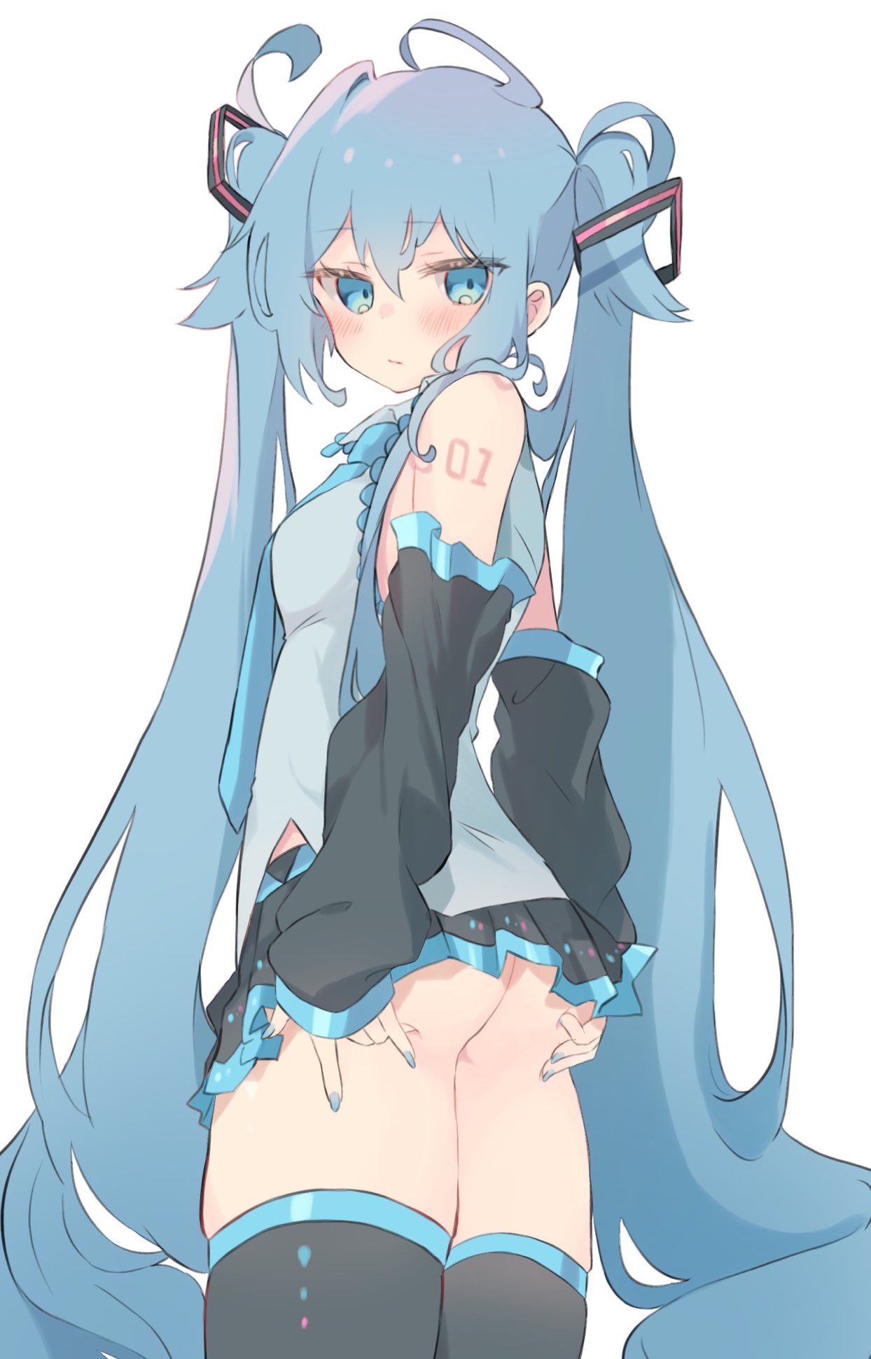 1girl, ahoge, ass, bangs, bare shoulders, big ass, black skirt, black sleeves, black thighhighs, blue eyes, blue hair, blue nails, blush, breasts, detached sleeves, embarrassed, female, hair ornament, hatsune miku, long hair, looking at viewer, looking back, nail polish, necktie, pleated skirt, shirt, simple background, skirt, sleeveless, solo, tattoo, thighhighs, thighs, twintails, very long hair, vocaloid, white background