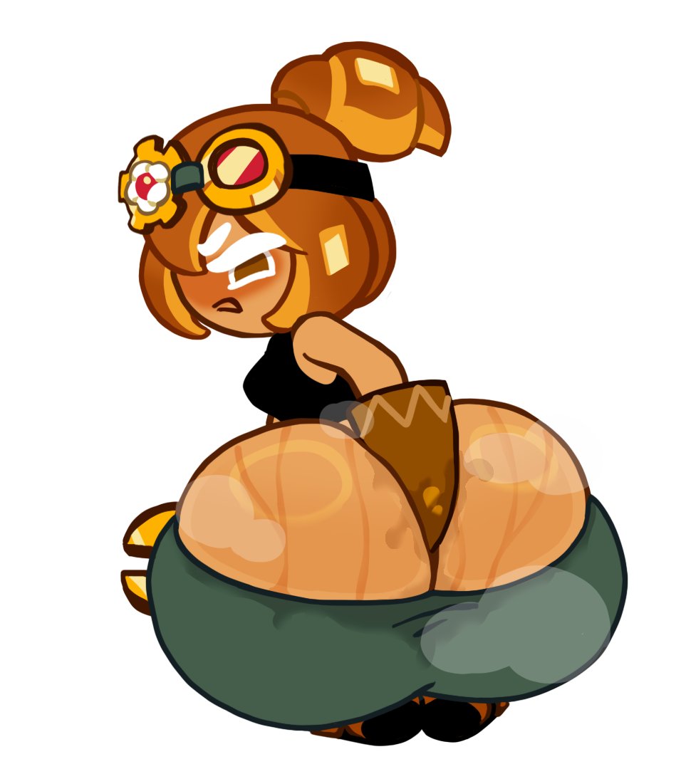 1girls, accurate art style, big ass, bobababu, brown hair, brown skin, butt digging, cookie run, cookie run kingdom, cookie run ovenbreak, croissant cookie, digging into butt, digging up in they ass, gloves, goggles, goggles on forehead, goggles on head, solo, start digging in yo butt twin, steam, steaming body, tagme, unfinished