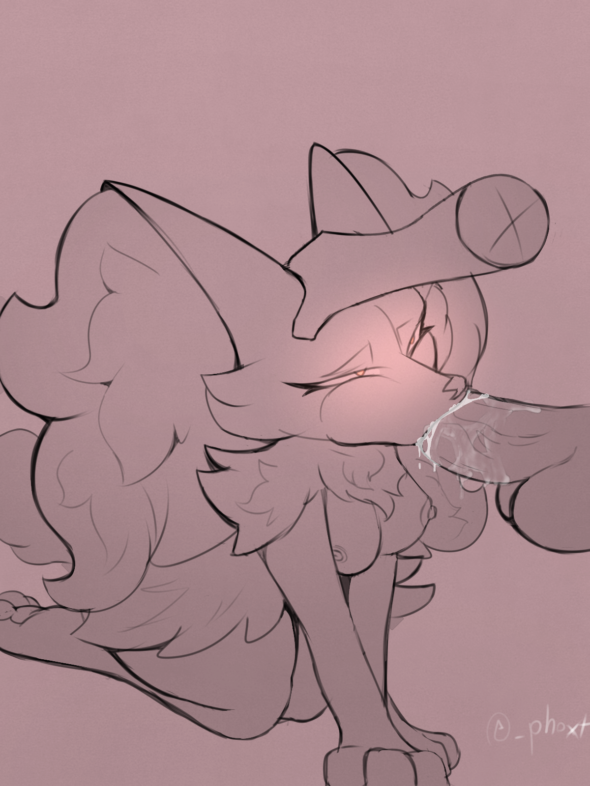 anthro, arm tuft, bodily fluids, braixen, chest tuft, cum, cum in mouth, cum inside, disembodied hand, disembodied penis, duo, eyelashes, fellatio, female, generation 6 pokemon, genital fluids, genitals, glowing, glowing eyes, hi res, interspecies, kneeling, male, nintendo, nipples, oral, pawpads, paws, penile, penis, phoxtrot, pokemon, pokemon (species), pokephilia, sex, shoulder tuft, tuft