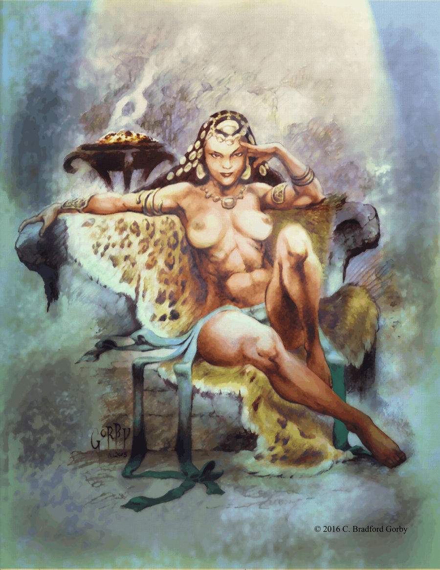 1girls animal_skin athletic_female black_hair bracelet c_bradford_gregory fit_female frank_frazetta_inspired large_breasts literature looking_at_viewer necklace public_domain queen_la tarzan voluptuous