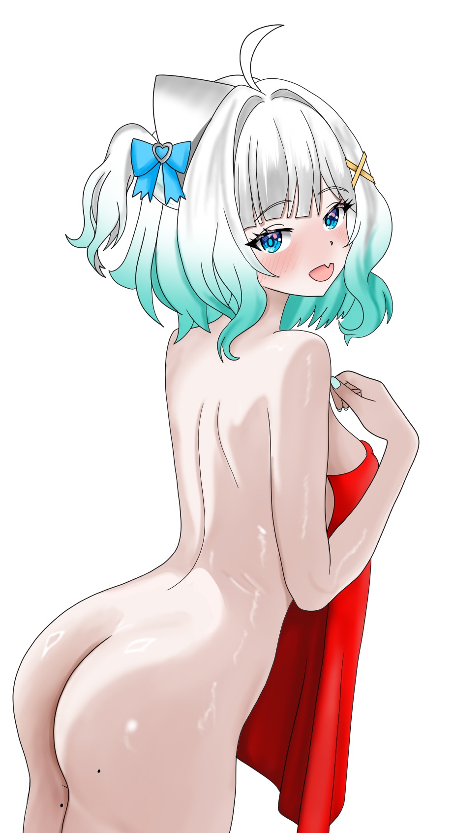 aqua_hair ass blue_eyes blush breasts female from_behind ghost_girl gradient_hair hair_ornament highres indie_virtual_youtuber ivan_ramirez looking_at_viewer looking_back maid medium_breasts mint_fantome mint_fantome_(minto_2.0) mole mole_on_ass multicolored_hair nude shiny_skin short_hair simple_background solo standing triangular_headpiece virtual_youtuber white_background x_hair_ornament