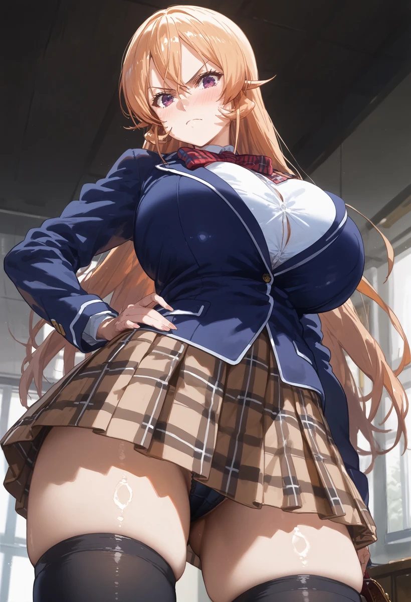 ai_generated angry_face bare_thighs blush embarrassed gigantic_breasts huge_breasts huge_thighs light-skinned_female light_skin long_hair looking_down low-angle_view mako_(artist) massive_breasts nakiri_erina oiled_body oiled_skin orange_hair panties pantyhose purple_eyes school_uniform schoolgirl shokugeki_no_souma smiling solo_female squatting stockings sweat sweatdrop thick_body thick_female thick_thighs thighs voluptuous voluptuous_female