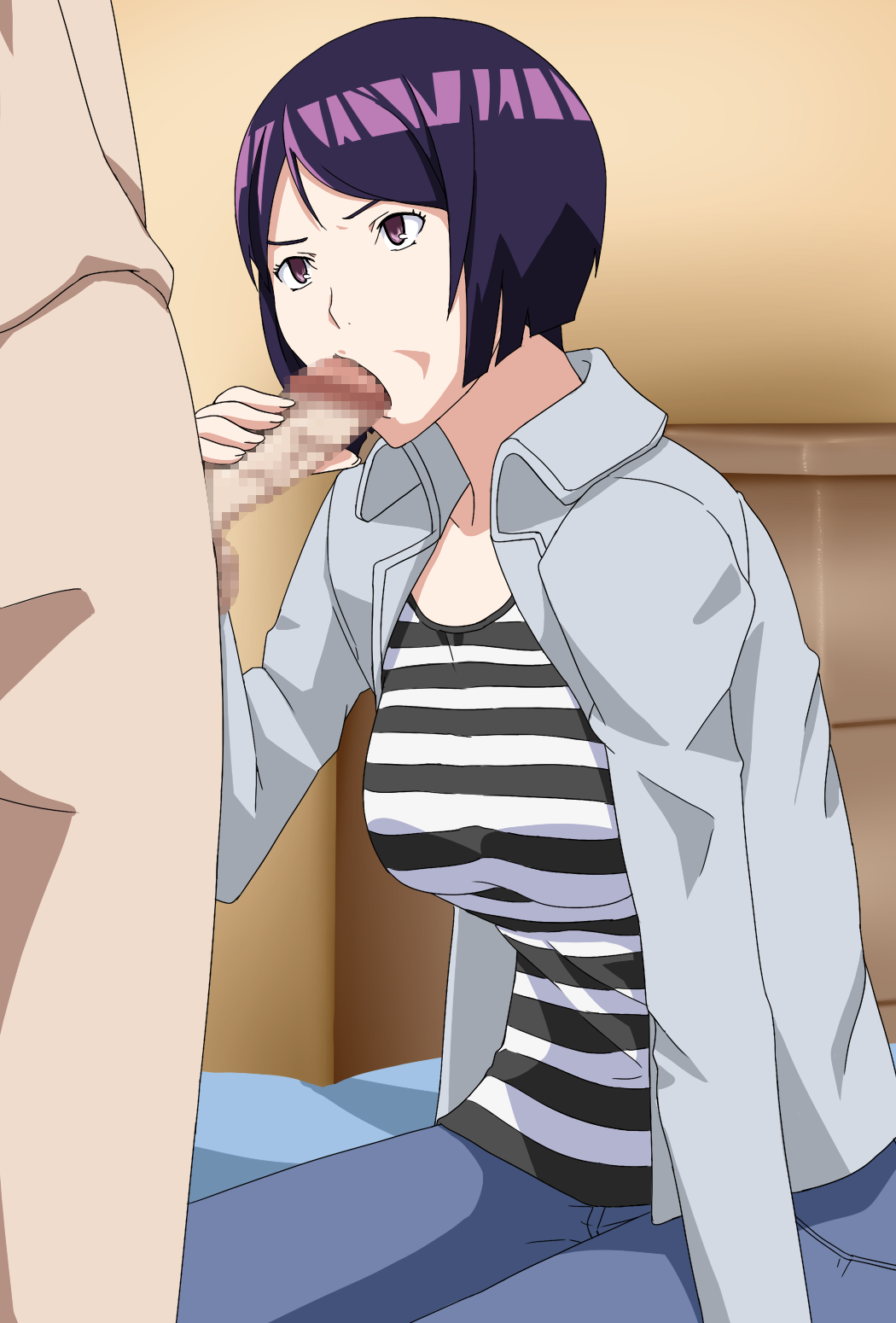 bakuman breasts censored faceless_male fellatio female hair highres hitori_kakumei iwase_aiko oral purple_hair short_hair