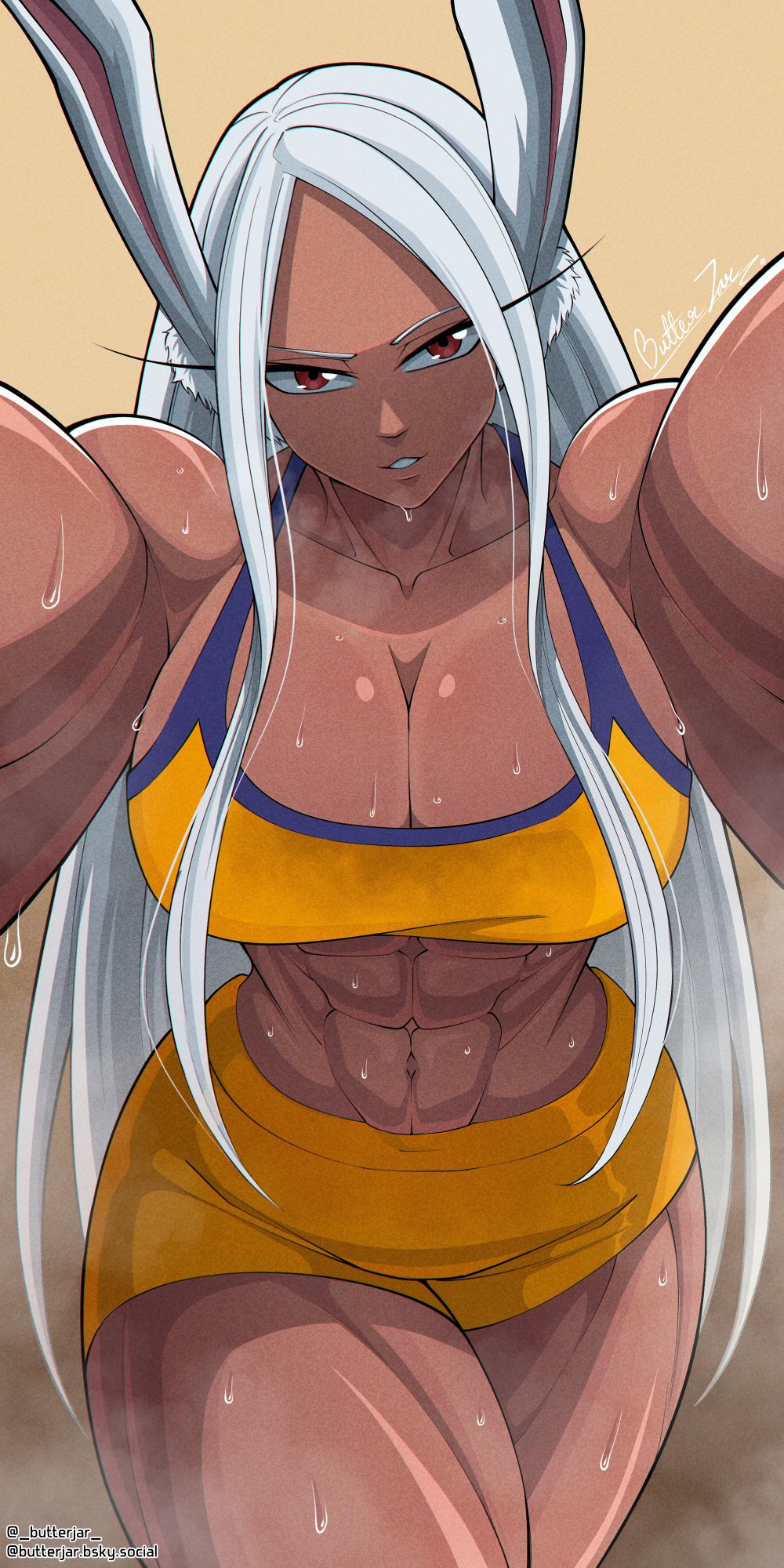 1girls abs athletic_female bunny_ears butterjar dark-skinned_female looking_at_viewer miruko my_hero_academia pinned_to_wall rumi_usagiyama sweat sweating