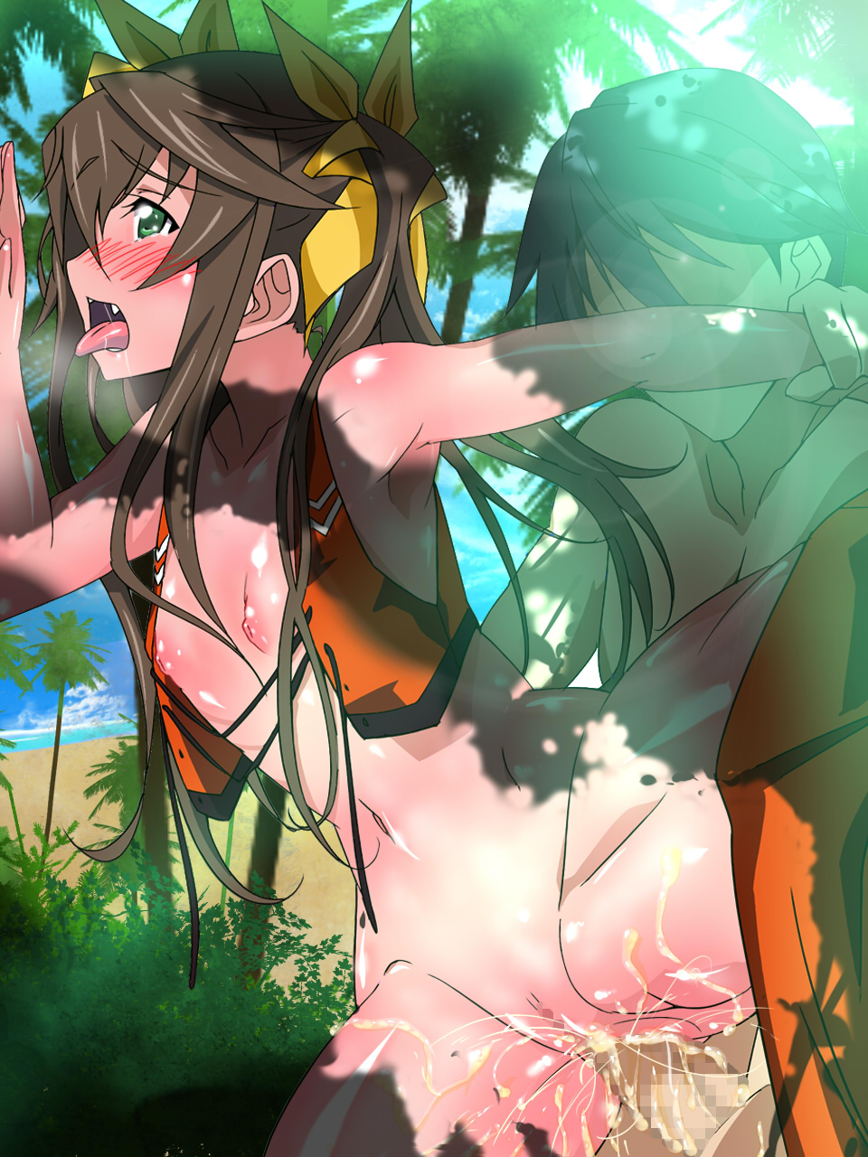 blush brown_hair censored cum green_eyes highres huang_lingyin infinite_stratos jungle nipples sex tied_hair twintails