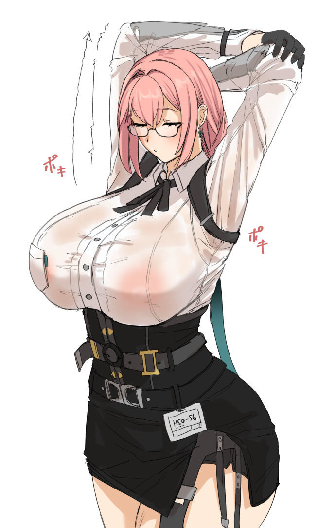 arms_up black-framed_eyewear black_gloves black_ribbon black_skirt blush breasts closed_eyes closed_mouth collared_shirt covered_erect_nipples earrings female gachou glasses gloves high-waist_skirt hourglass_earrings huge_breasts id_card jewelry long_hair long_sleeves miniskirt neck_ribbon pencil_skirt pink_hair pocket ribbon see-through_clothes see-through_shirt semi-rimless_eyewear shirt simple_background skirt solo thighs tsukishiro_yanagi under-rim_eyewear white_background white_shirt zenless_zone_zero