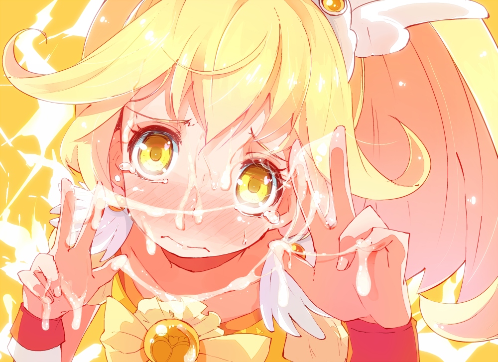 blonde_hair blush clothing cum cum_on_body cum_on_upper_body cum_string cure_peace double_v facial hato_haru magical_girl precure pretty_cure smile_precure solo tear v yayoi_kise yellow_eyes