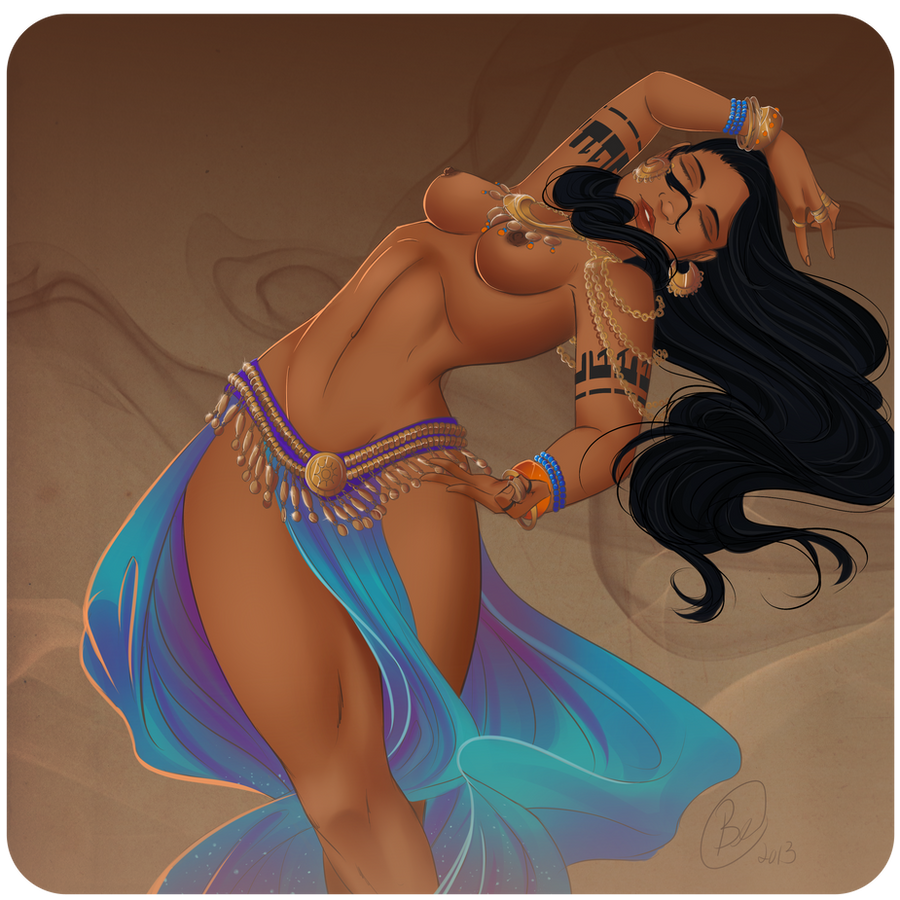 1girls belly_dancer belly_dancer_outfit black_hair boobs bracelet breasts chain_jewelry closed_eyes dancer dancer_outfit dancing dark-skinned_female female female_only female_solo harem_girl harem_outfit large_breasts lavahanje loincloth long_hair original original_character solo solo_female tattooed_arm topless