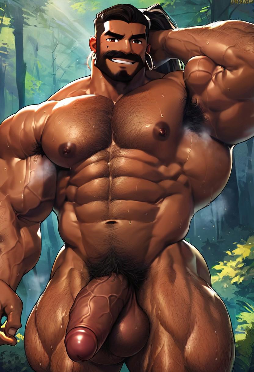 1boy ai_generated balls bara beard big_pecs black_hair bodybuilder civitai detailed_background ebony facial_hair female_to_male forest gay genderswap_(ftm) hairy hairy_chest hairy_male hi_res huge_balls huge_cock hunk leshawna_(tdi) male manly muscular muscular_male muscular_thighs pecs pectoral_grab pectorals penis ponytail pubic_hair rule_63 steam steaming_body sweat sweatdrop sweating total_drama_island