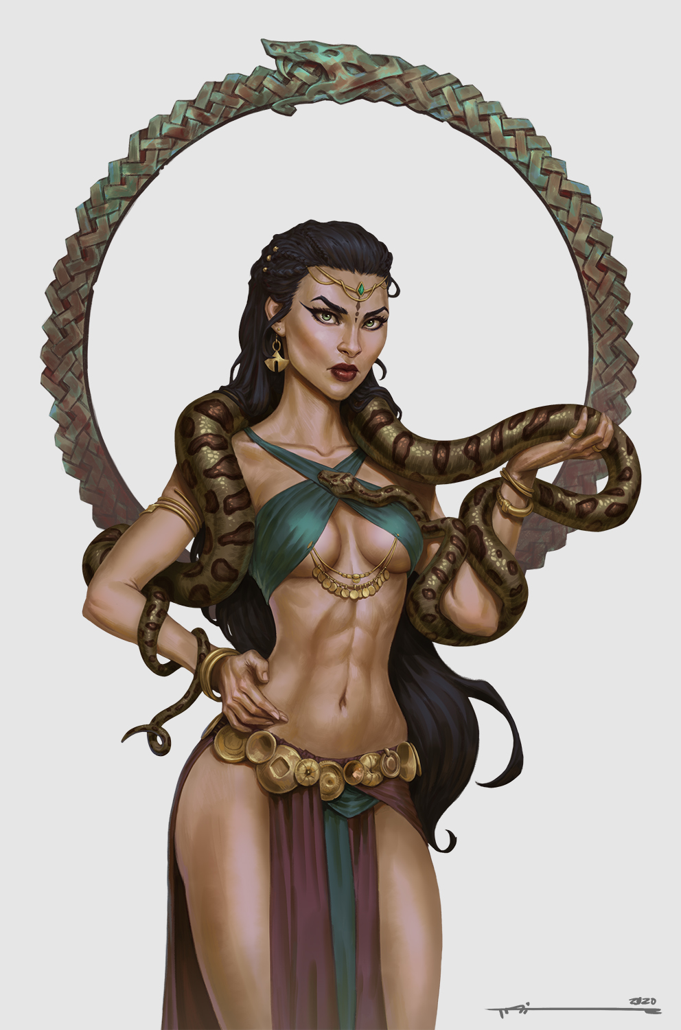 abs arttair athletic_female belly_dancer belly_dancer_outfit black_hair bocas_top fit_female green_eyes harem_girl harem_outfit loincloth medium_breasts original original_character snake