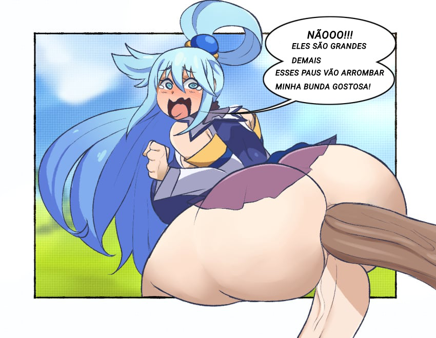 1girls 2boys aqua_(konosuba) double_penetration female keenkix kono_subarashii_sekai_ni_shukufuku_wo! male multiple_boys penis portuguese_text text translated