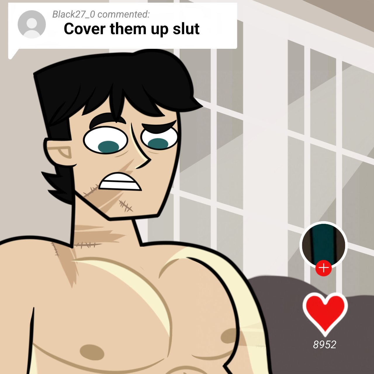 1boy bara black_hair confused cover_them_up_slut disventure_camp gay hair male male_only meme nipples odd_nation_cartoons scar scar_on_face solo solo_male tiktok tom_(disventure_camp) upper_body