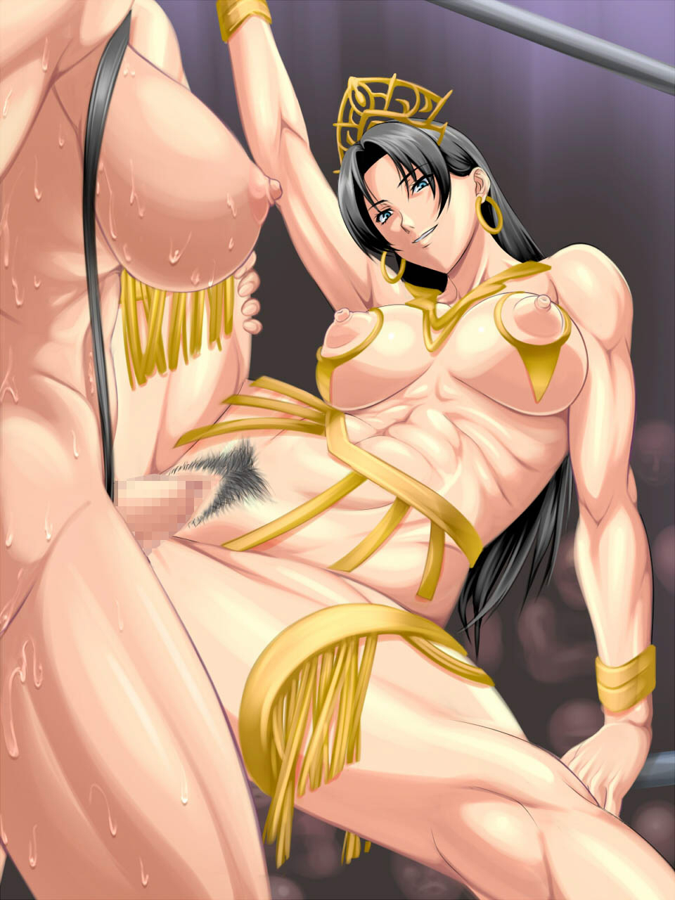 1futa, 1girls, abs, areolae, black hair, breasts, censored, crowd, curvy, earrings, erect nipples, erection, female, female penetrated, futa on female, futa penetrating, futa transformation, futanari, gilgamesh, highres, hoop earrings, huge breasts, intersex, large penis, male, male to futa, muchi muki burst, muscular, muscular female, muscular futa, nipples, noriheita, nude, penis, pubic hair, pussy, rule 63, sex, transformation