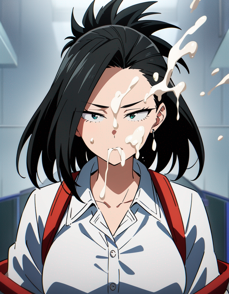 1girls a_lot_of_cum ai_generated black_hair boku_no_hero_academia bukkake cum cum_in_mouth cum_on_face eating_cum momo_yaoyorozu morindar my_hero_academia school_uniform schoolgirl shirt swallowing swallowing_cum white_shirt