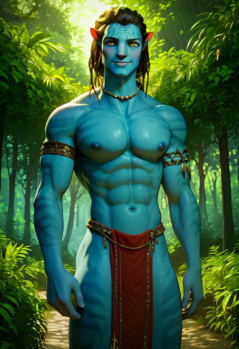 abs ai_generated alien avatar biceps black_hair blue_skin blush gay jake_sully loincloth looking_at_viewer male male_only muscular muscular_male na&#039;vi nipples pecs smile toned_body toned_male tribal tribal_clothing twall97 yellow_eyes