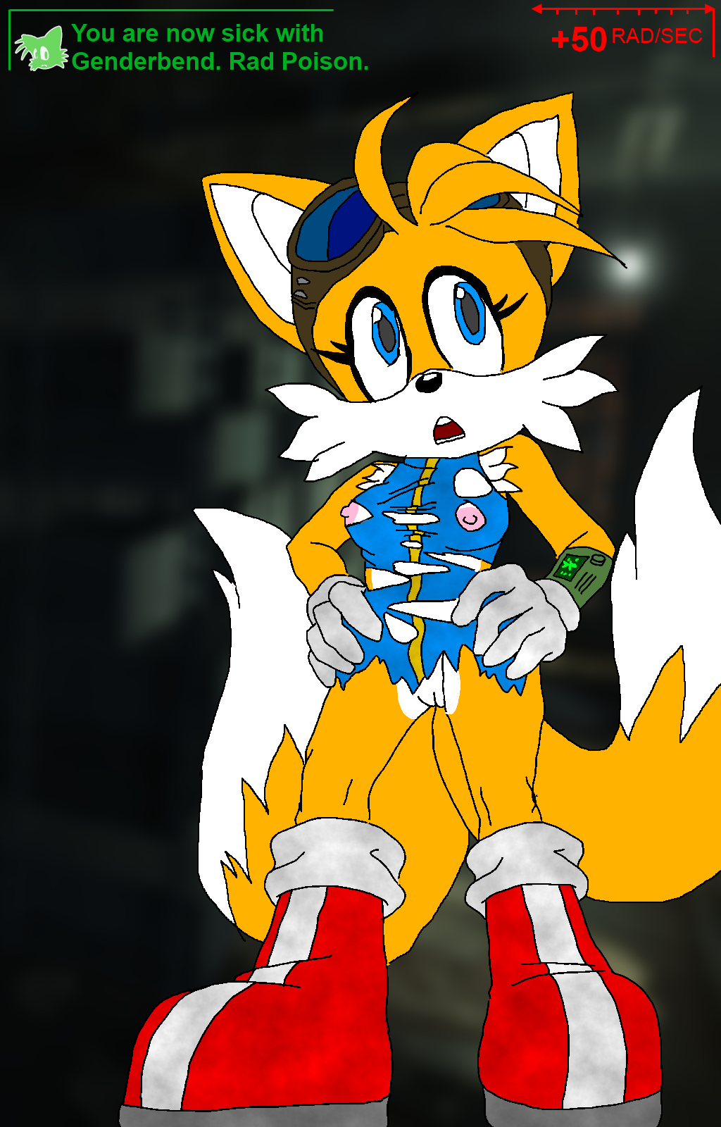 2012 annonguy anthro blue_eyes breasts canine crossover fallout fallout_3 female footwear fox fur furry gloves handwear human miles_prower multiple_tails nipples pip-boy pussy rule_63 sega solo sonic_(series) tails tailsko video_games