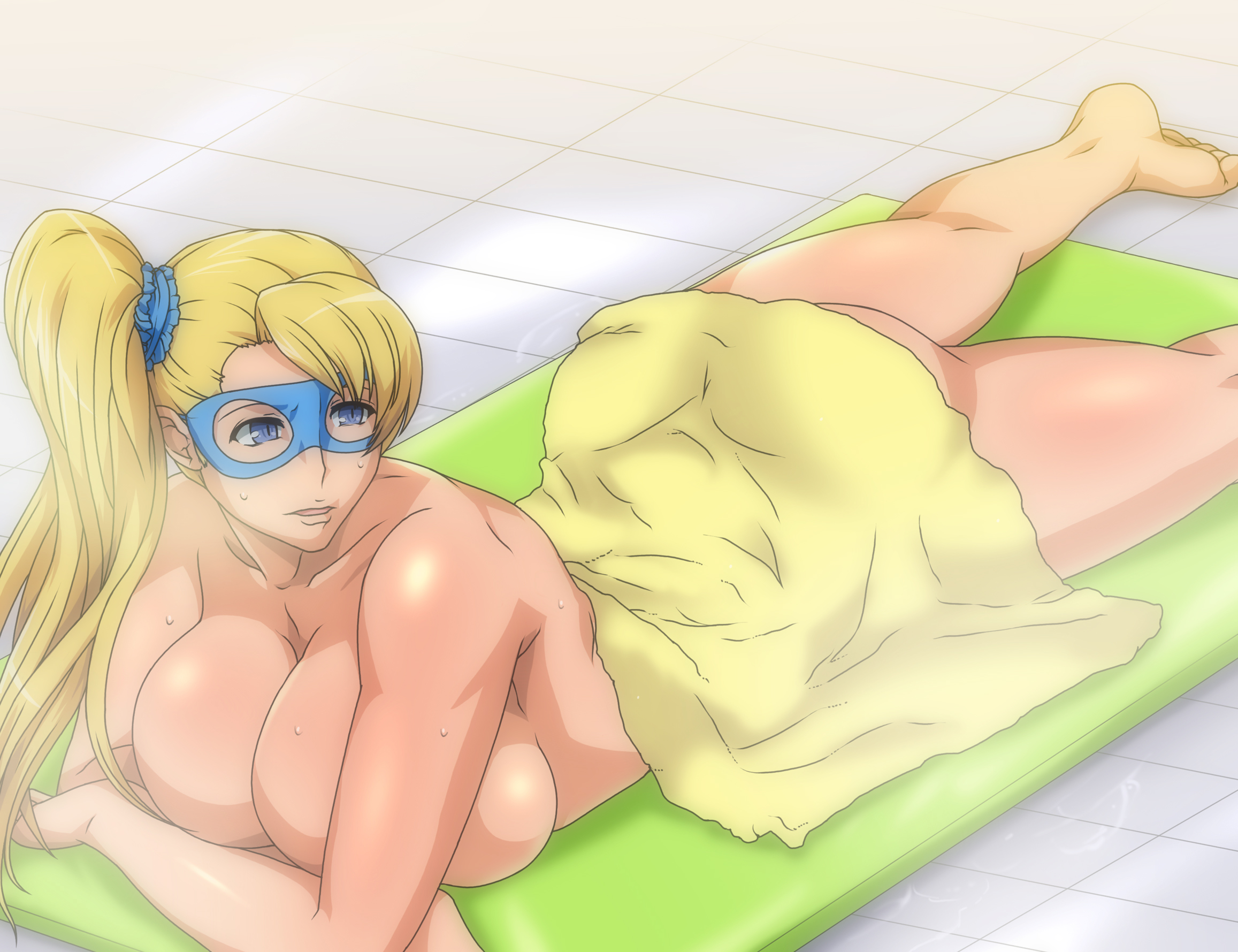 blonde female, blonde hair, breast press, breasts, female, female only, gureko rouman, hair, human, large breasts, mask, rainbow mika, solo, steam, street fighter, street fighter alpha, swimming pool, towel