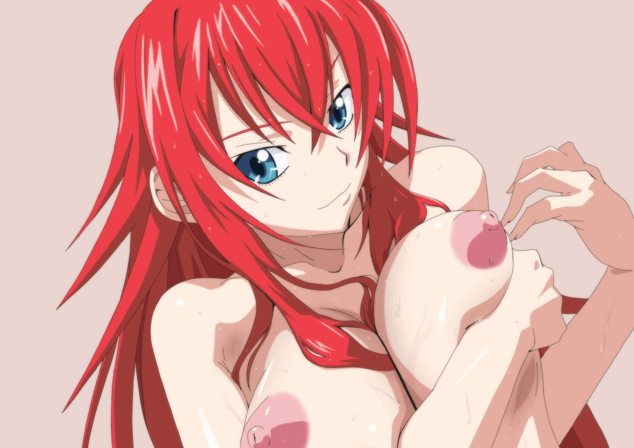 1girls blue_eyes breasts cartoony demon female female_only high_school_dxd humanoid large_breasts long_hair nipples nyuuface pointy_chin red_hair rias_gremory smile solo sweat topless