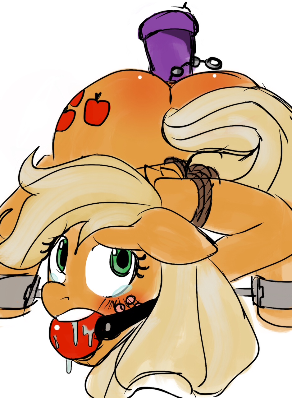 2012 anal anal_beads anal_sex applejack_(mlp) ass ball_gag blonde_hair blush bondage bound cutie_mark dildo equine female friendship_is_magic fruit gag gagged green_eyes haiku_oezu hair horse long_hair looking_at_viewer my_little_pony penetration pony rope rough_sketch sex_toy smooth_skin solo tears vaginal_penetration