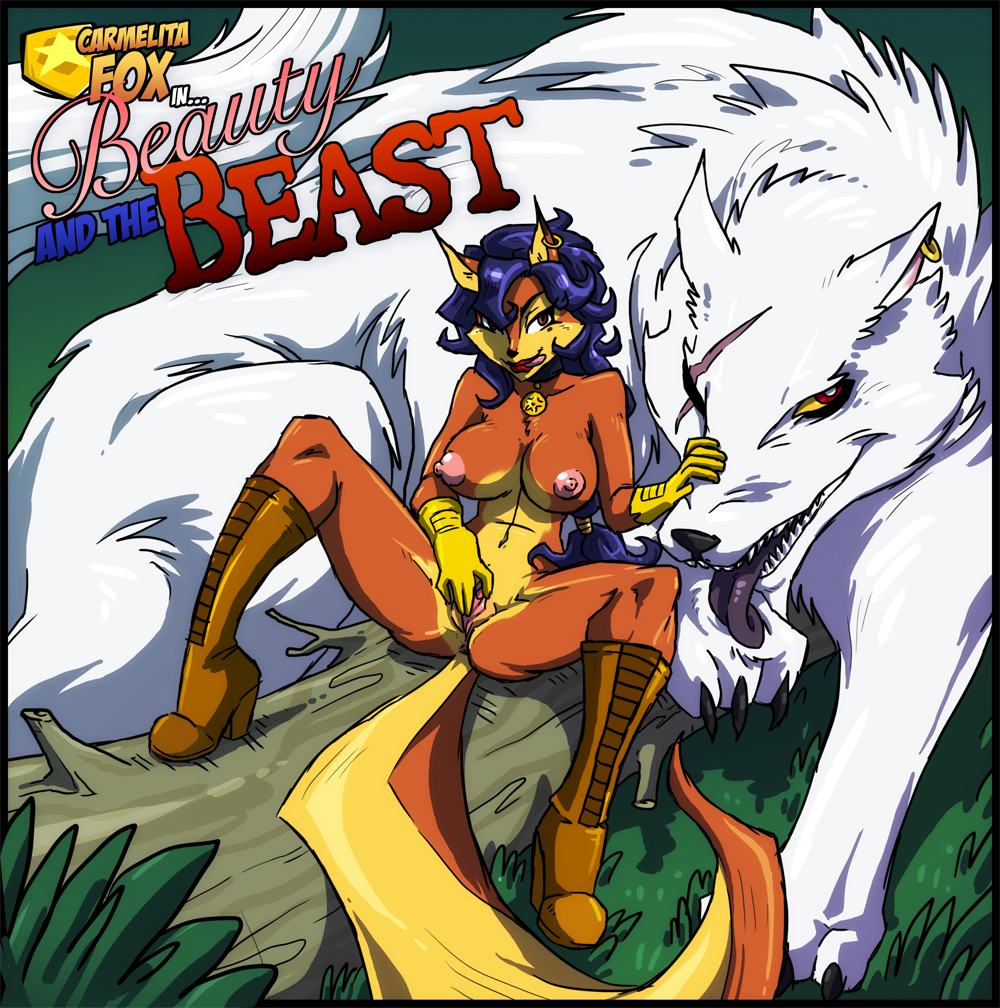 anthro, anthro on feral, big breasts, breasts, canid, canine, canis, carmelita fox, comic, female, feral, fox, male, nipples, pussy, scar, size difference, sly cooper (series), smooth fur, sparrow (artist), tongue, tongue out, white fur, wolf