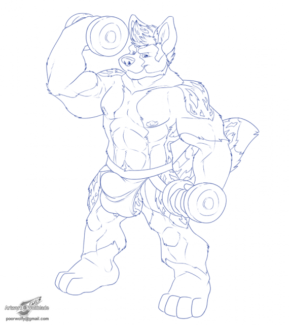 1boy abs anthro blue_and_white bulge canine fur furry looking_at_viewer male male_only monochrome muscles nipples plain_background smile solo weight weightlifting weights white_background wolfblade