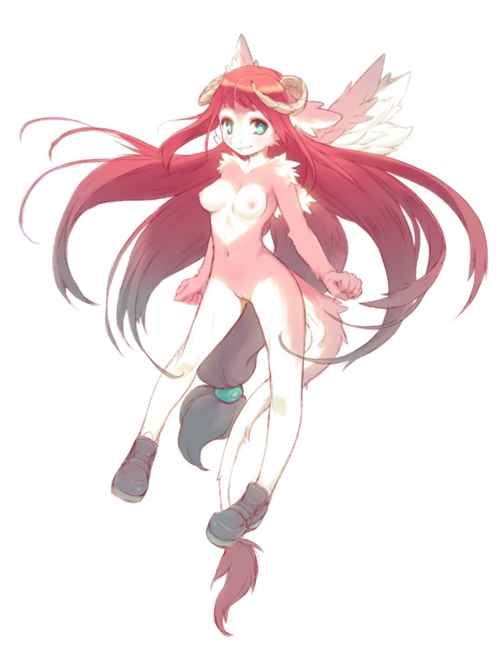 breasts character_request copyright_request cute female hair horn hybrid long_hair nude pink powfooo pussy red_hair shoes standing wings