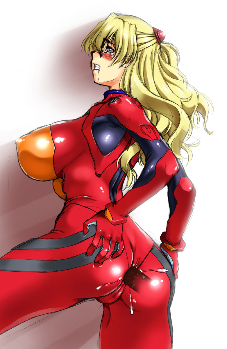 anal anal_through_clothes ass ass_grab asuka_langley_sohryu_(cosplay) backboob blonde_hair blue_eyes blush bodysuit breasts clenched_teeth clothed_sex clothing cosplay erect_nipples erect_nipples_under_clothes female forced_in_fabric glasses highres huge_breasts human invisible_penis kamia_(not_found) large_breasts long_hair neon_genesis_evangelion original plugsuit saliva sex simple_background skin_tight sugino_miyo tear tears through_clothes