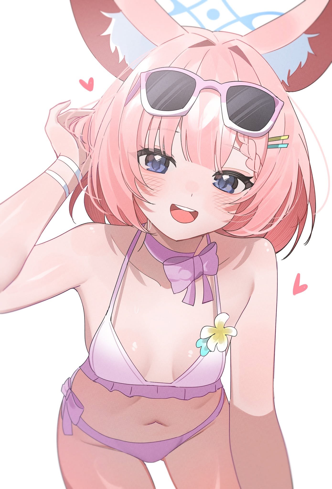 1girls, animal ear fluff, animal ears, bare shoulders, belly button, bent over, bikini, blue archive, blue eyes, blue halo, blush, bow, bow bikini, bowtie, bra, braid, breasts, choker, commentary, eyewear on head, female, female focus, female only, flower, fox ears, fox girl, frills, halo, high resolution, highres, leaning, leaning forward, looking at viewer, navel, niko (blue archive), niko (c108 swimsuit) (blue archive), official alternate costume, official alternate hairstyle, open mouth, panties, pink hair, short hair, shusuchii, small breasts, solo, standing, sunglasses, swimsuit, thighs, underwear, white background