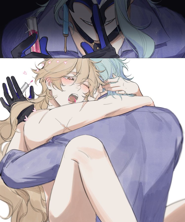 2boys, aether (genshin impact), aphrodisiac, blonde hair, dottore (genshin impact), gay, gay domination, gay male, genshin impact, laying on back, liann1009, long hair, long hair male, male, male only, male/male, yaoi