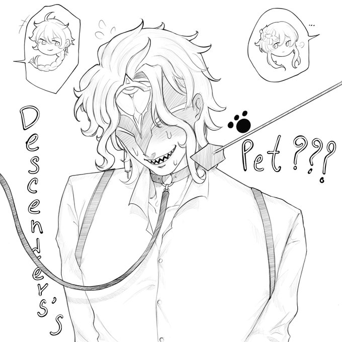 1girls, 2boys, 2boys1girl, aether (genshin impact), artist request, blush, dottore (genshin impact), fully clothed, genshin impact, harness, leash, leash and collar, leash pull, lumine (genshin impact), male, male focus, malesub, petplay
