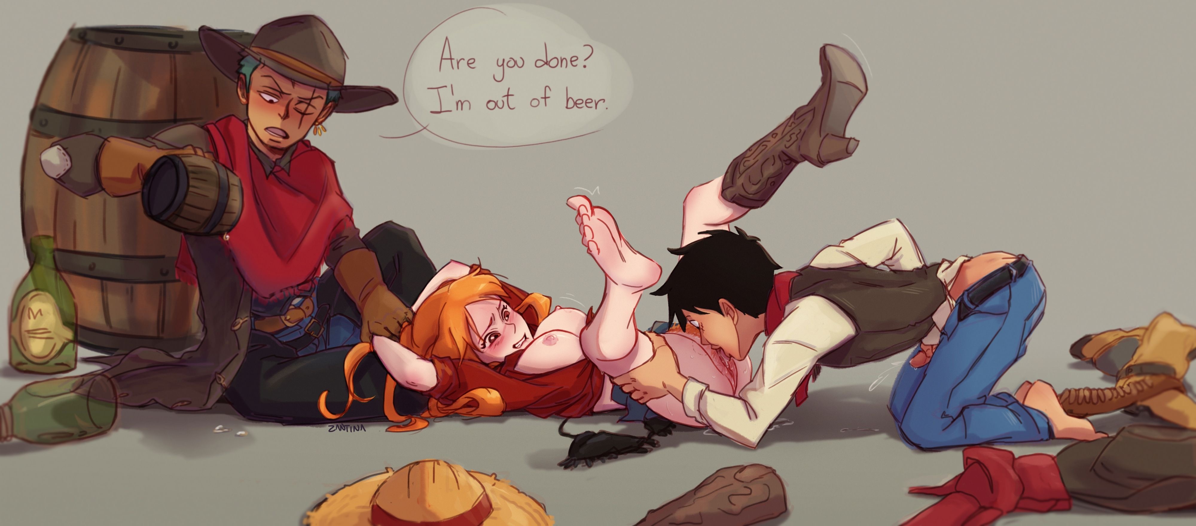 1girls, 2boys, 2boys1girl, alcohol, alcohol bottle, alcoholic drink, alternate costume, arms behind head, barrel, beer, beer bottle, bite, bite mark, bite mark breast, bite mark on breast, bite mark on thigh, bite marks, biting lip, biting own lip, black hair, black-haired male, blush, blushing, boobs, boobs out, boots, bottomless, bottomless female, bra, bra off, bra removed, breasts, breasts out, clothes on floor, color, colored, colour, coloured, cowboy, cowboy boots, cowboy hat, cowboy outfit, cowgirl outfit, cum, cumming, cunnilingus, dialog, dialogue, dialogue bubble, dubious consent, earrings, eating out, eating pussy, feet, feet up, female, female/male, female/male/male, floor, floor sex, ginger, ginger female, ginger hair, gloves, green hair, green-haired male, half moon, helpless female, holding, holding down, legs, legs up, male, male/female, male/female/male, male/male/female, masturbating, masturbating during cunnilingus, masturbating during oral, masturbating during sex, masturbation, monkey d luffy, nami, nami (one piece), one boot, one boot on, one female, one piece, one shoe, one shoe on, oral, oral sex, orange hair, orange-haired female, pants down, post timeskip, post-timeskip, pubes, pubic hair, restrained, restrained arms, restrained female, restrained wrists, roronoa zoro, saliva, scar, scar across eye, scar on face, skirt, skirt lift, skirt up, straw hat, thick thighs, thighs, tongue, tongue out, trousers down, two males, two men, uninterested male, western, wild west, zantinaa